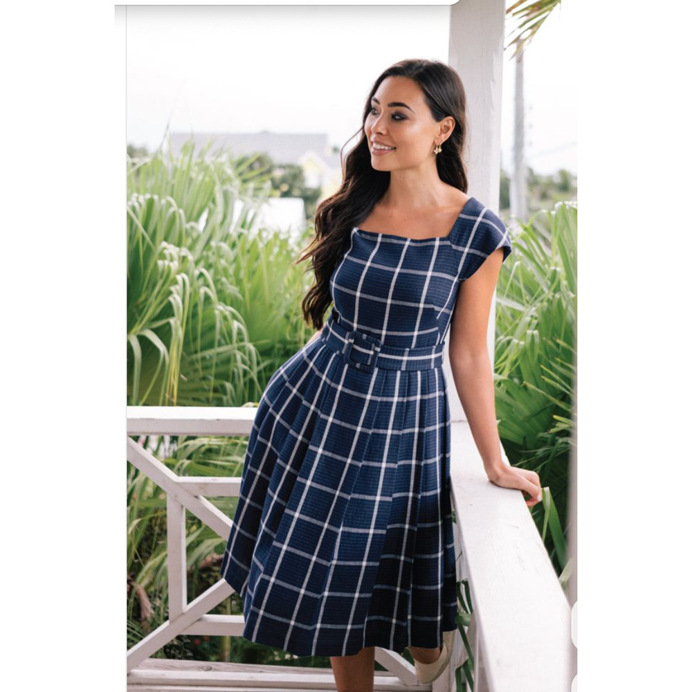 Gal Meets Glam Dress Womens‎ 4 Navy Blue Plaid Karen Square Neck Preppy Belt